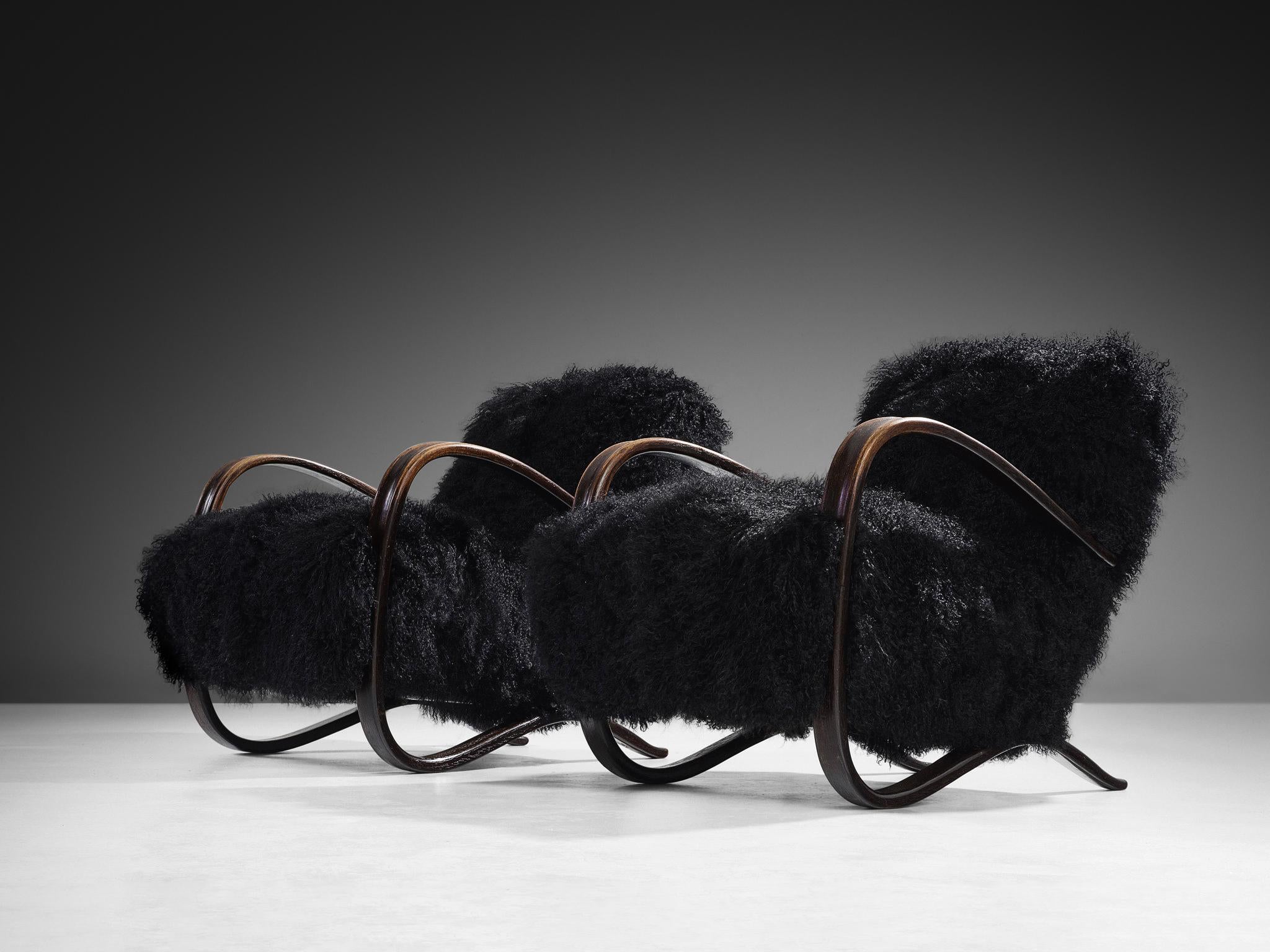 Jindrich Halabala Lounge Chairs in Black Tibetan Lambswool