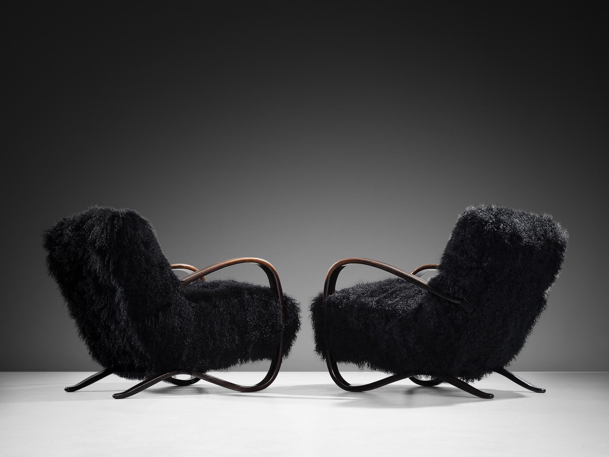 Jindrich Halabala Lounge Chairs in Black Tibetan Lambswool