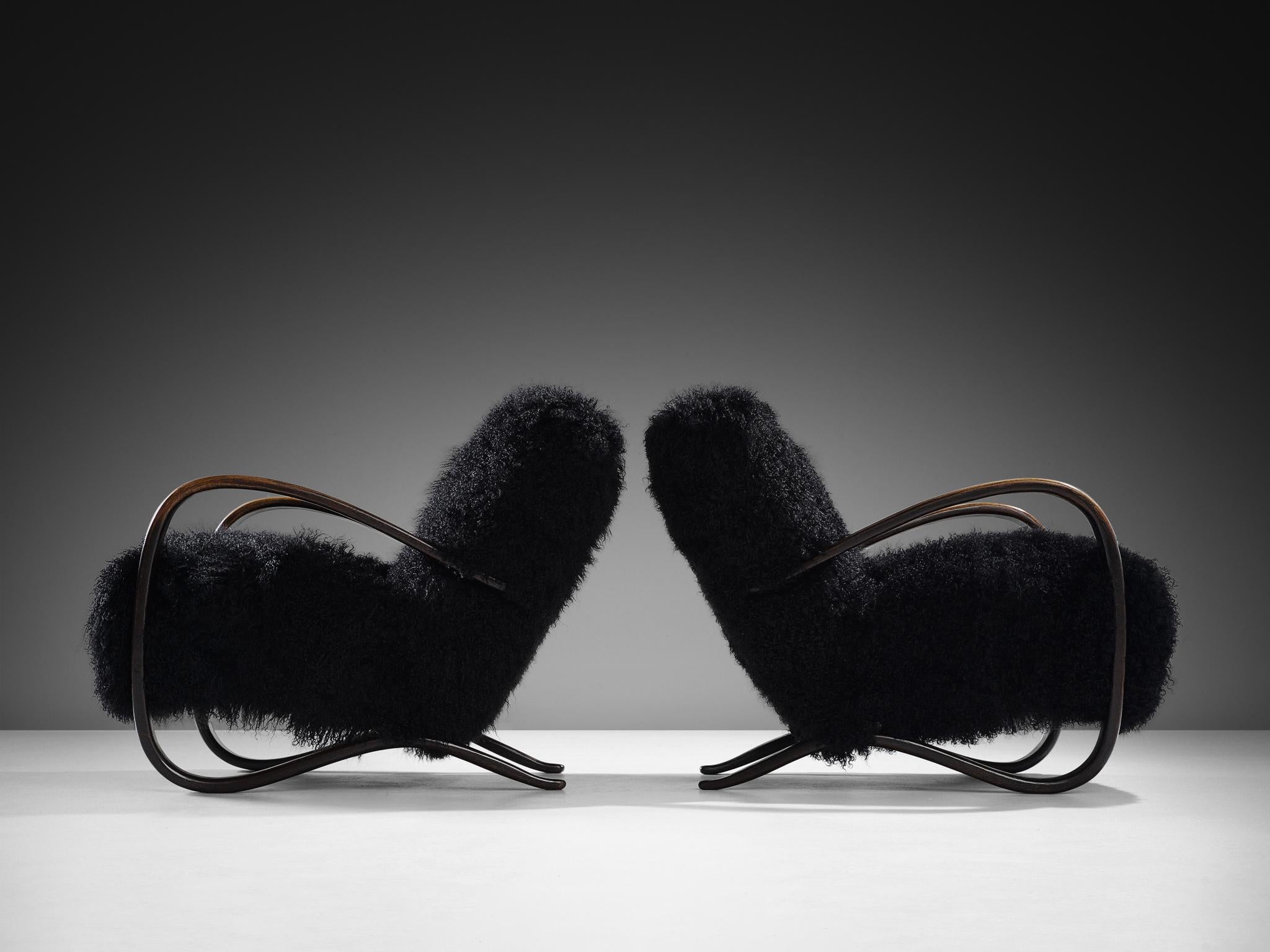 Jindrich Halabala Lounge Chairs in Black Tibetan Lambswool