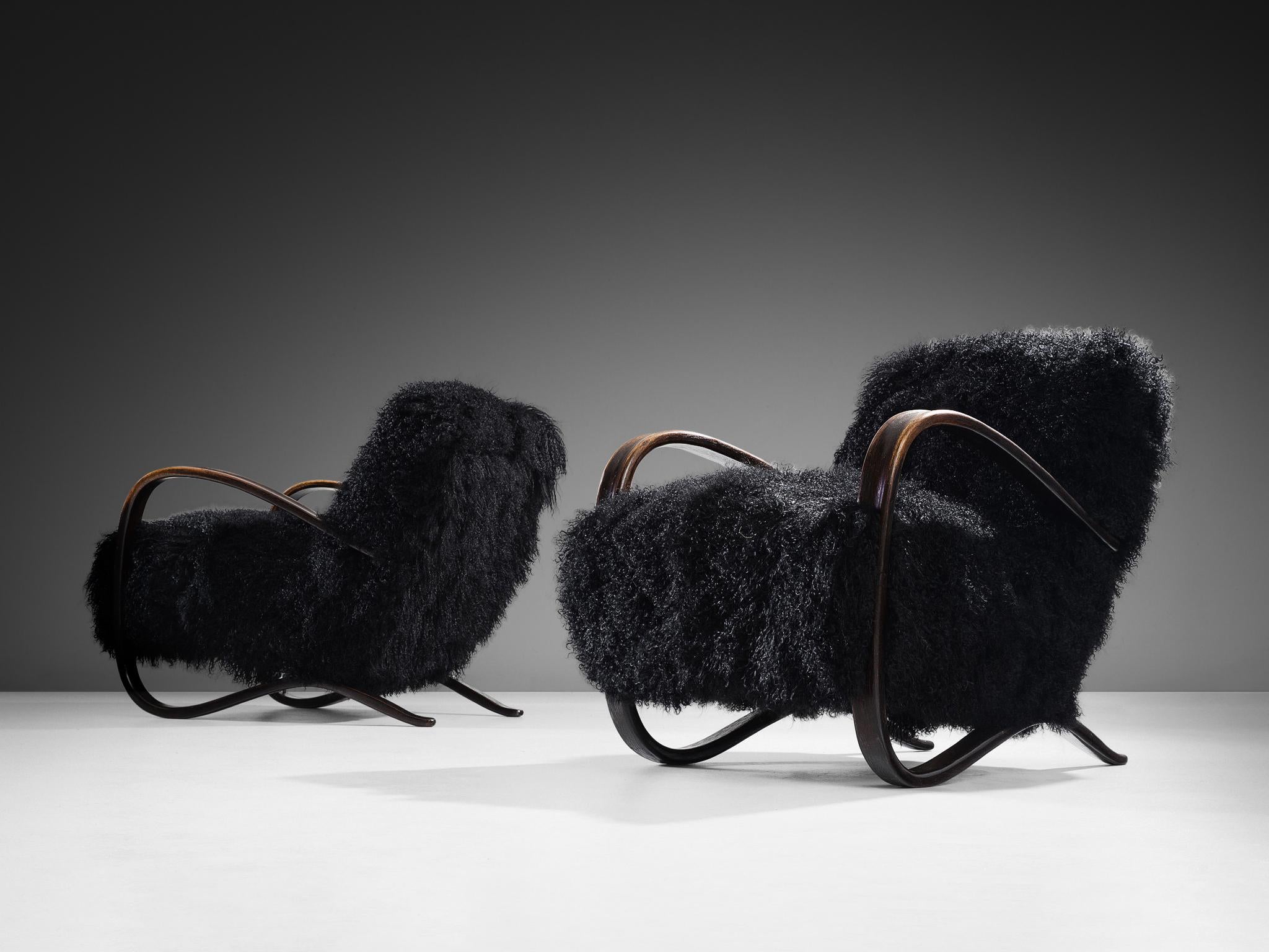 Jindrich Halabala Lounge Chairs in Black Tibetan Lambswool