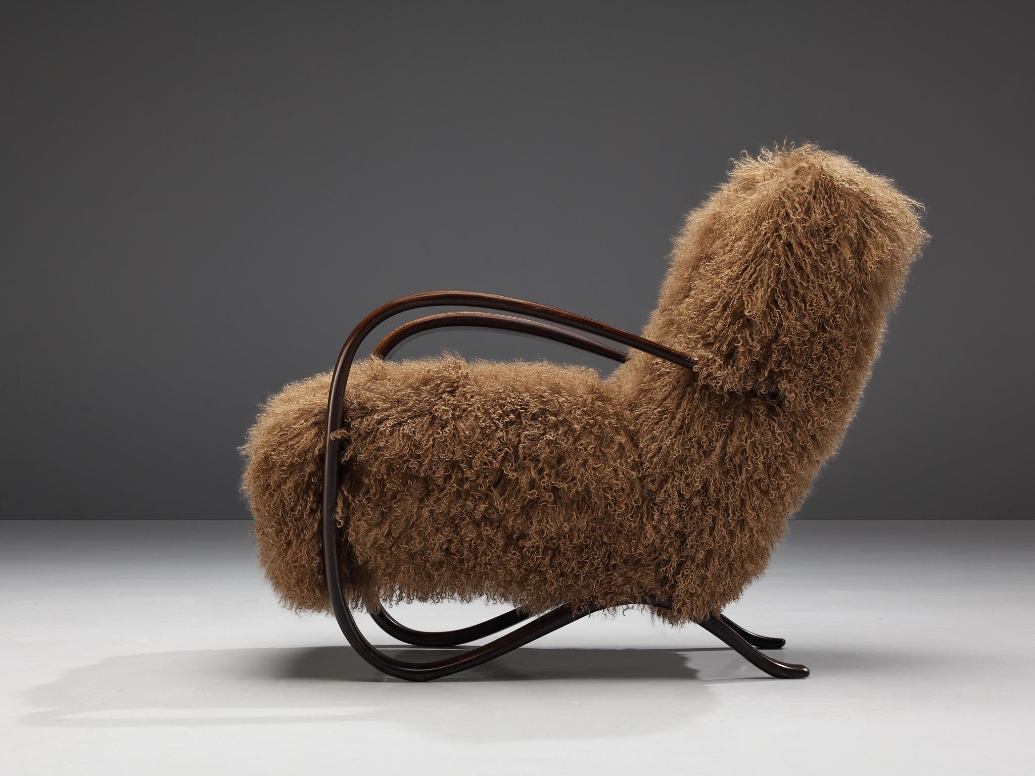 Jindrich Halabala Lounge Chair in Brown Tibetan Lambswool