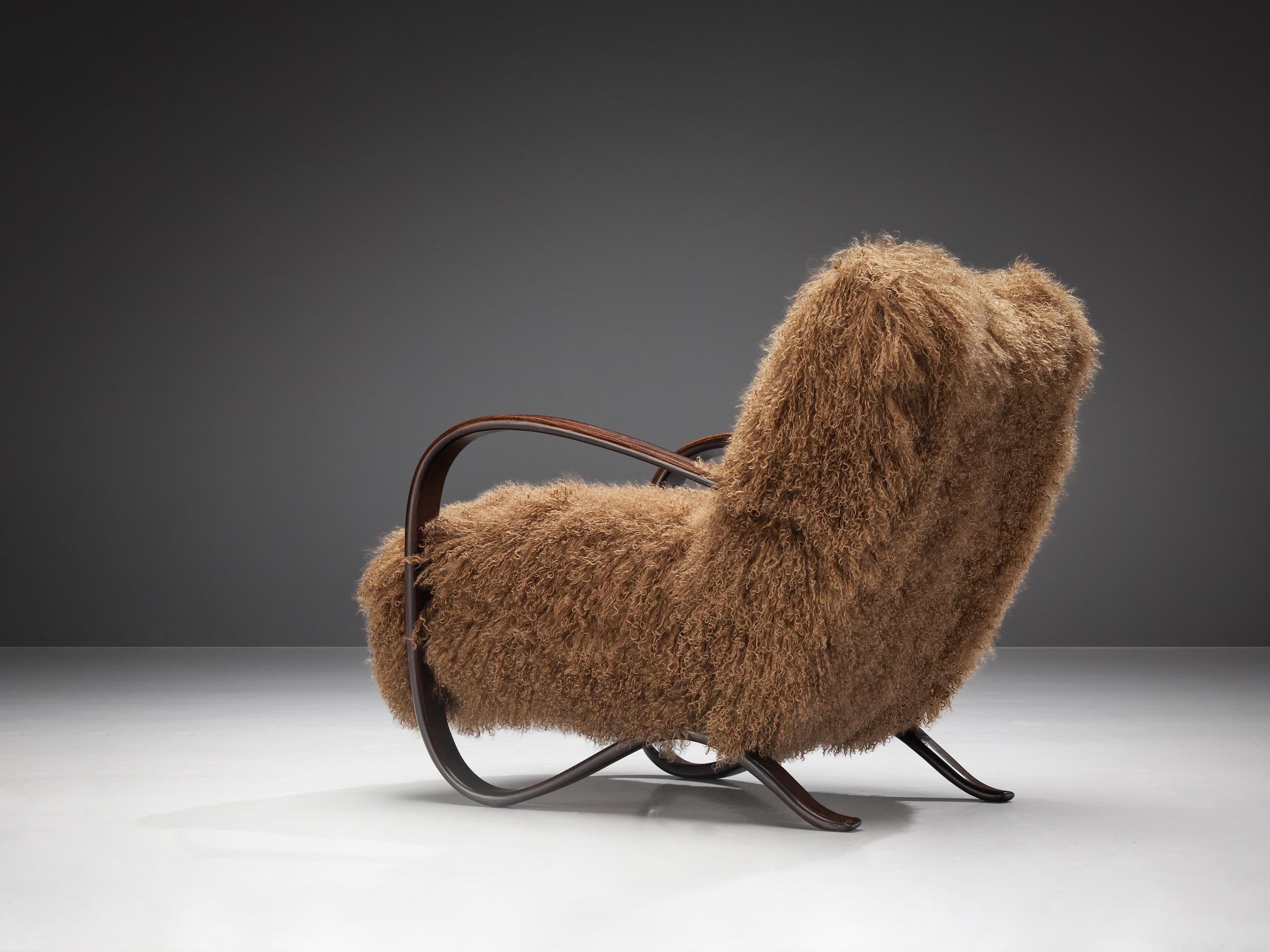 Jindrich Halabala Lounge Chair in Brown Tibetan Lambswool