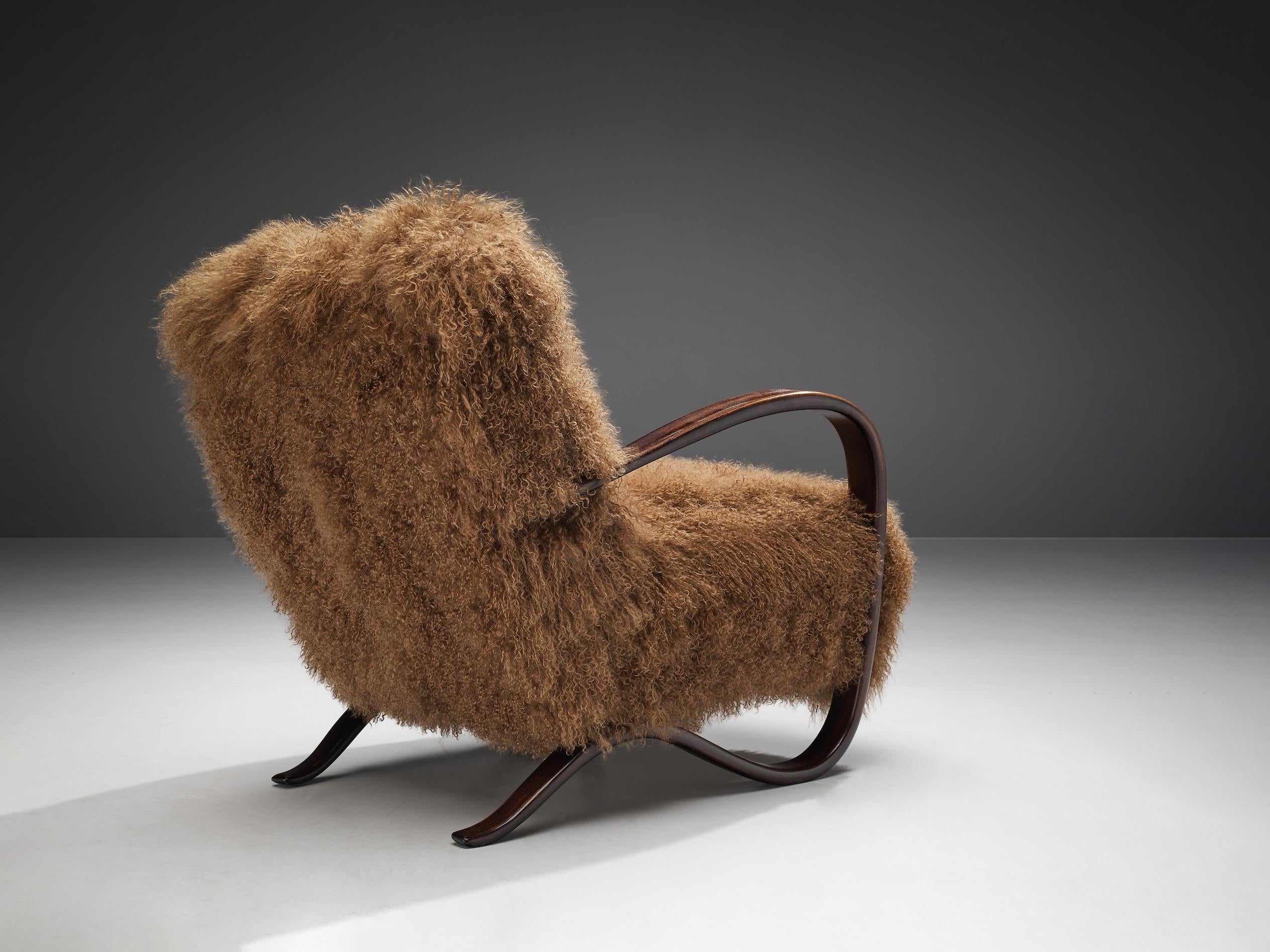 Jindrich Halabala Lounge Chair in Brown Tibetan Lambswool