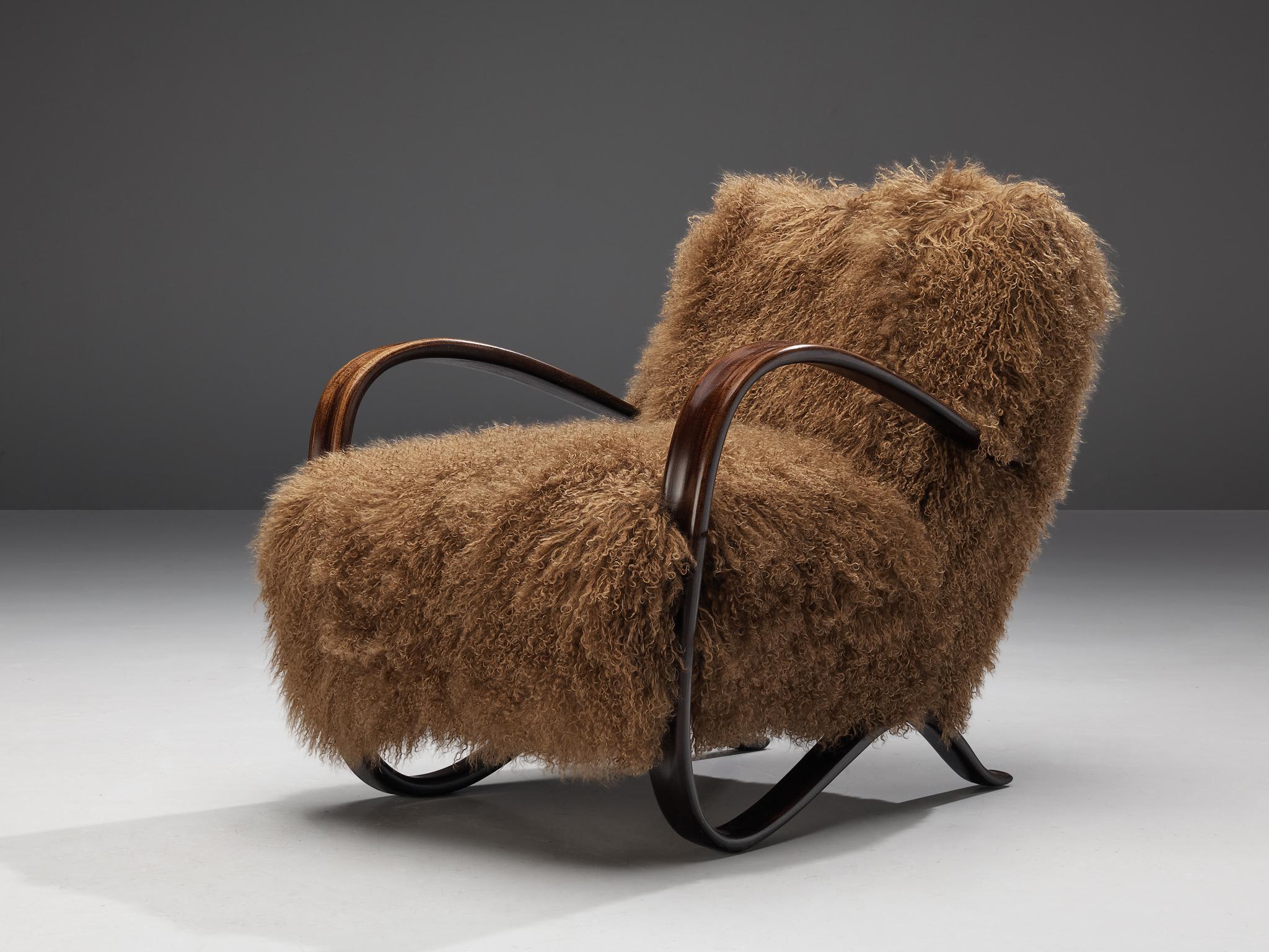 Jindrich Halabala Lounge Chair in Brown Tibetan Lambswool