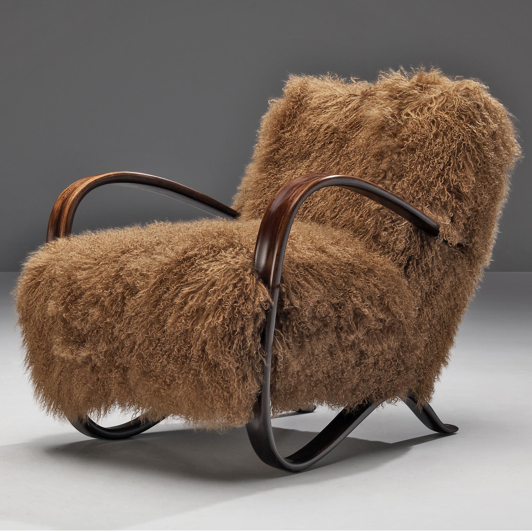 Jindrich Halabala Lounge Chair in Brown Tibetan Lambswool