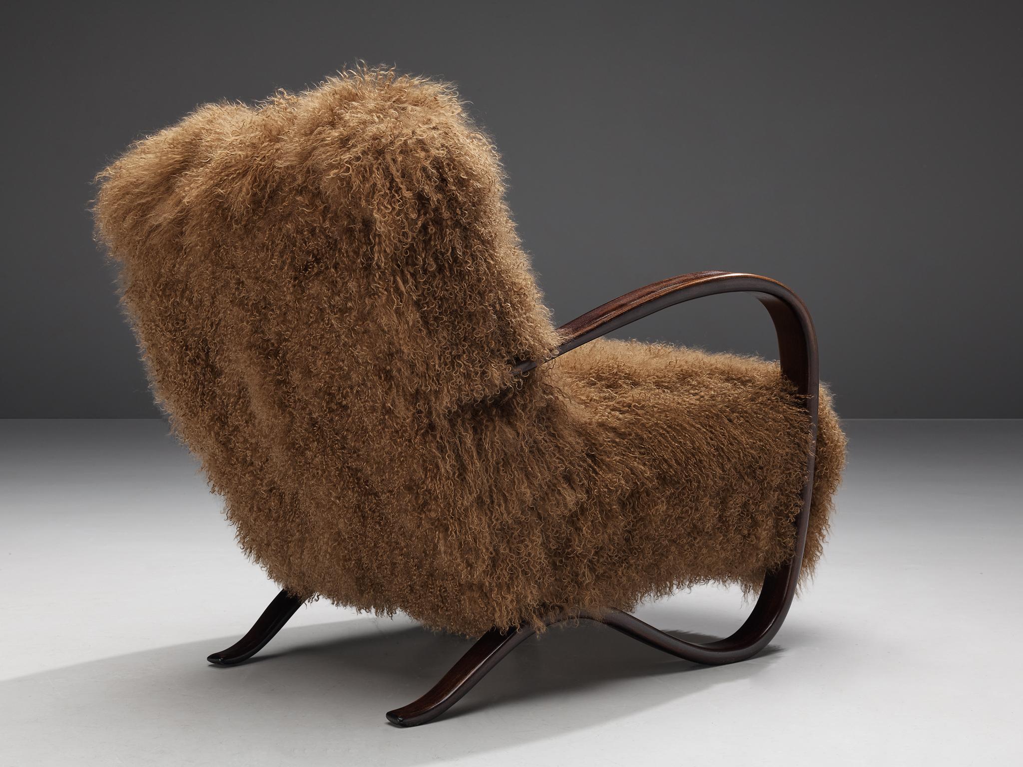 Jindrich Halabala Lounge Chair in Brown Tibetan Lambswool