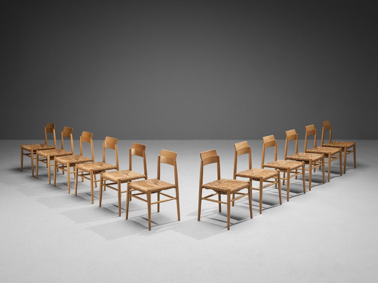 French Set of Twelve Dining Chairs in Wood and Straw