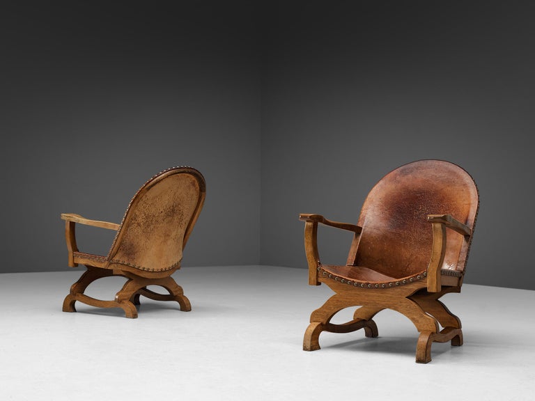 Spanish Pair of Armchairs in Cognac Leather and Oak