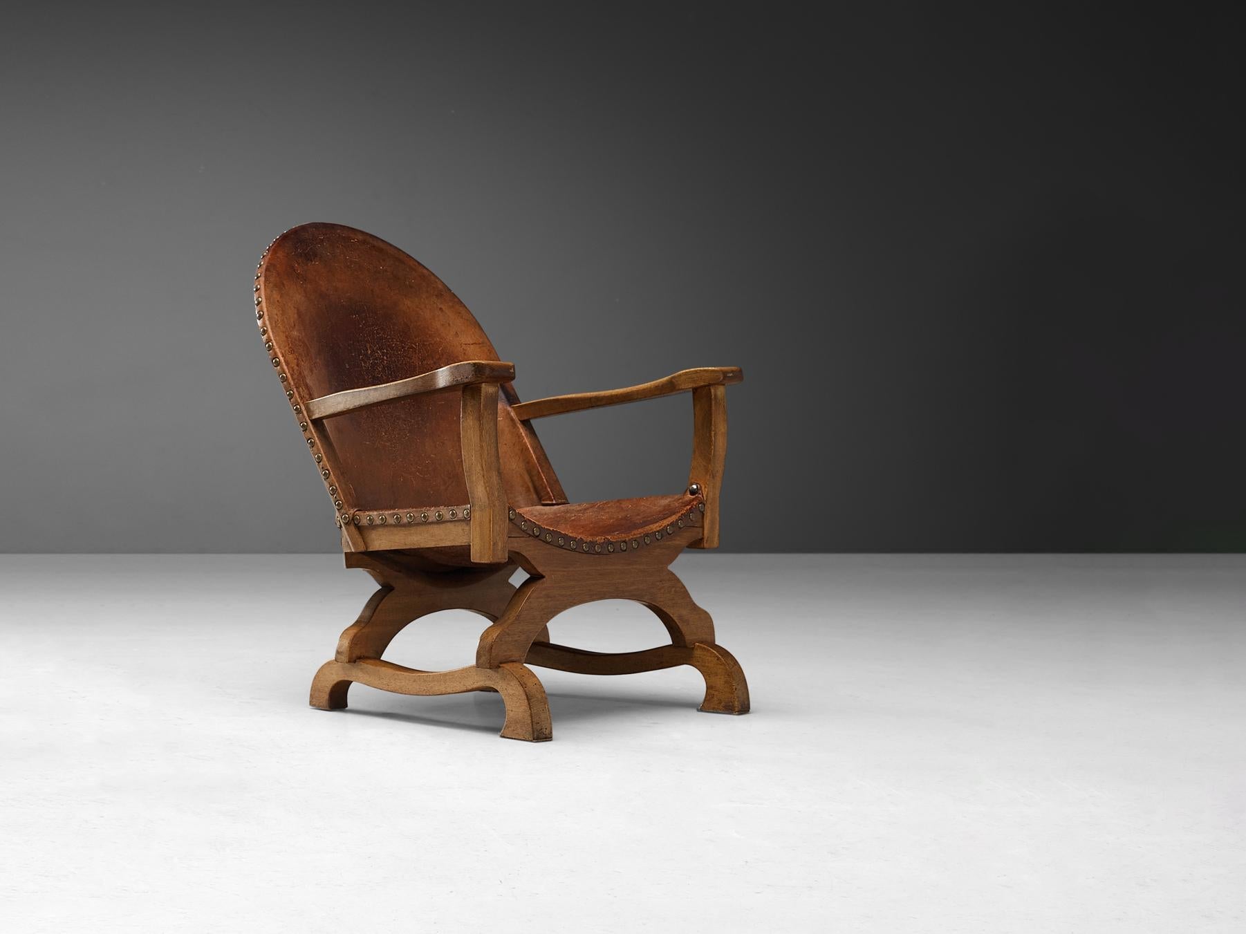 Spanish Armchair in Cognac Leather and Oak