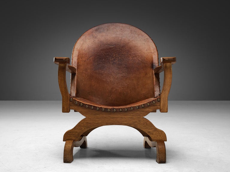 Spanish Pair of Armchairs in Cognac Leather and Oak