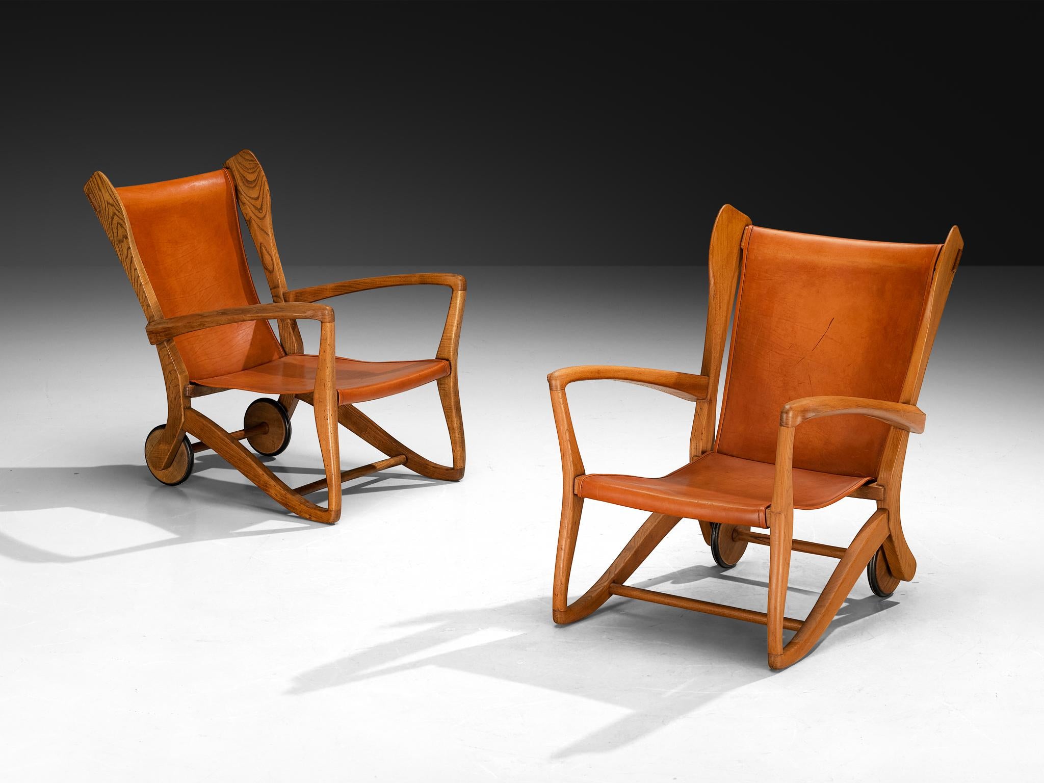 Guglielmo Pecorini Angular Lounge Chairs in Oak and Leather