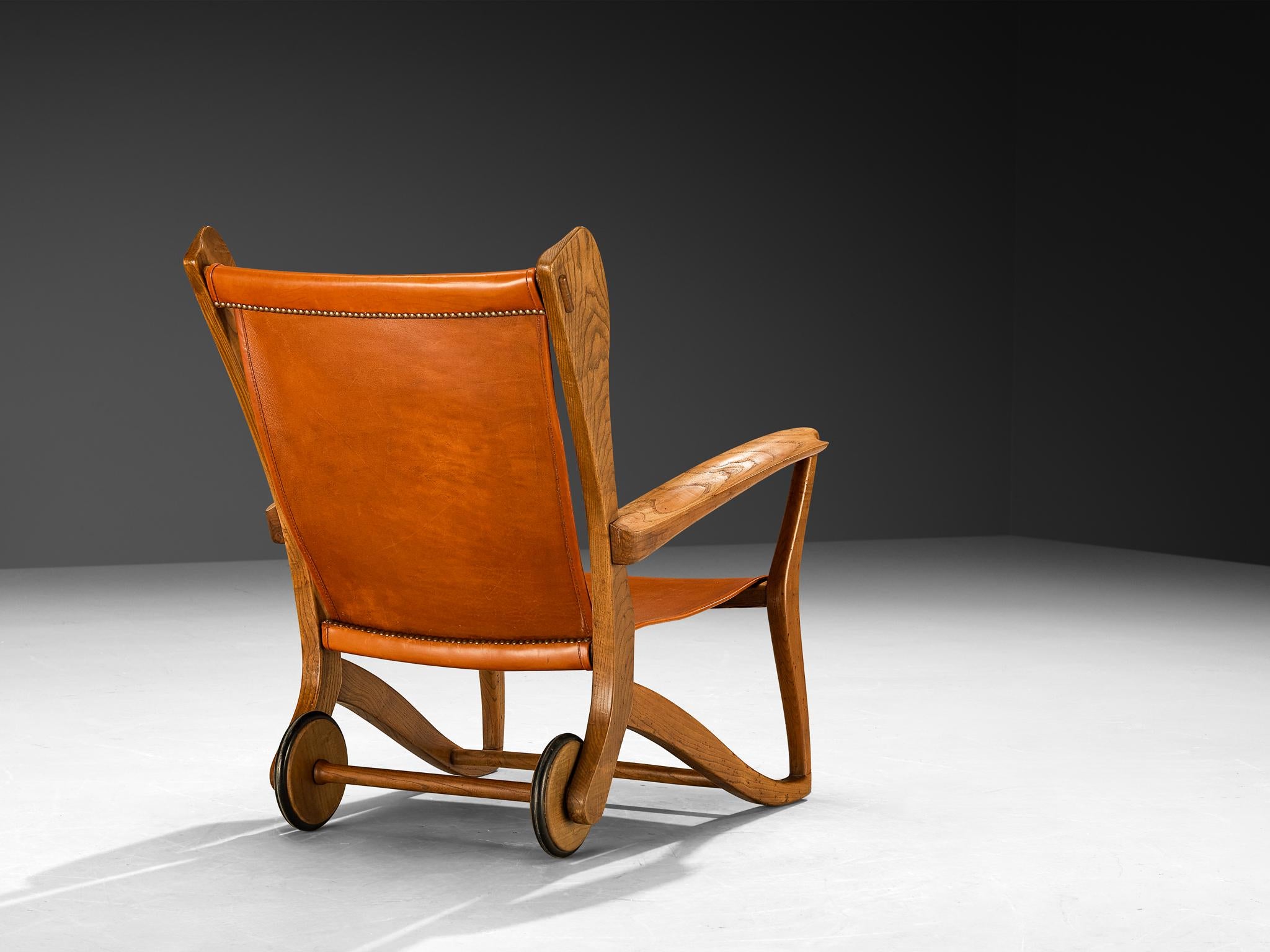 Guglielmo Pecorini Angular Lounge Chairs in Oak and Leather