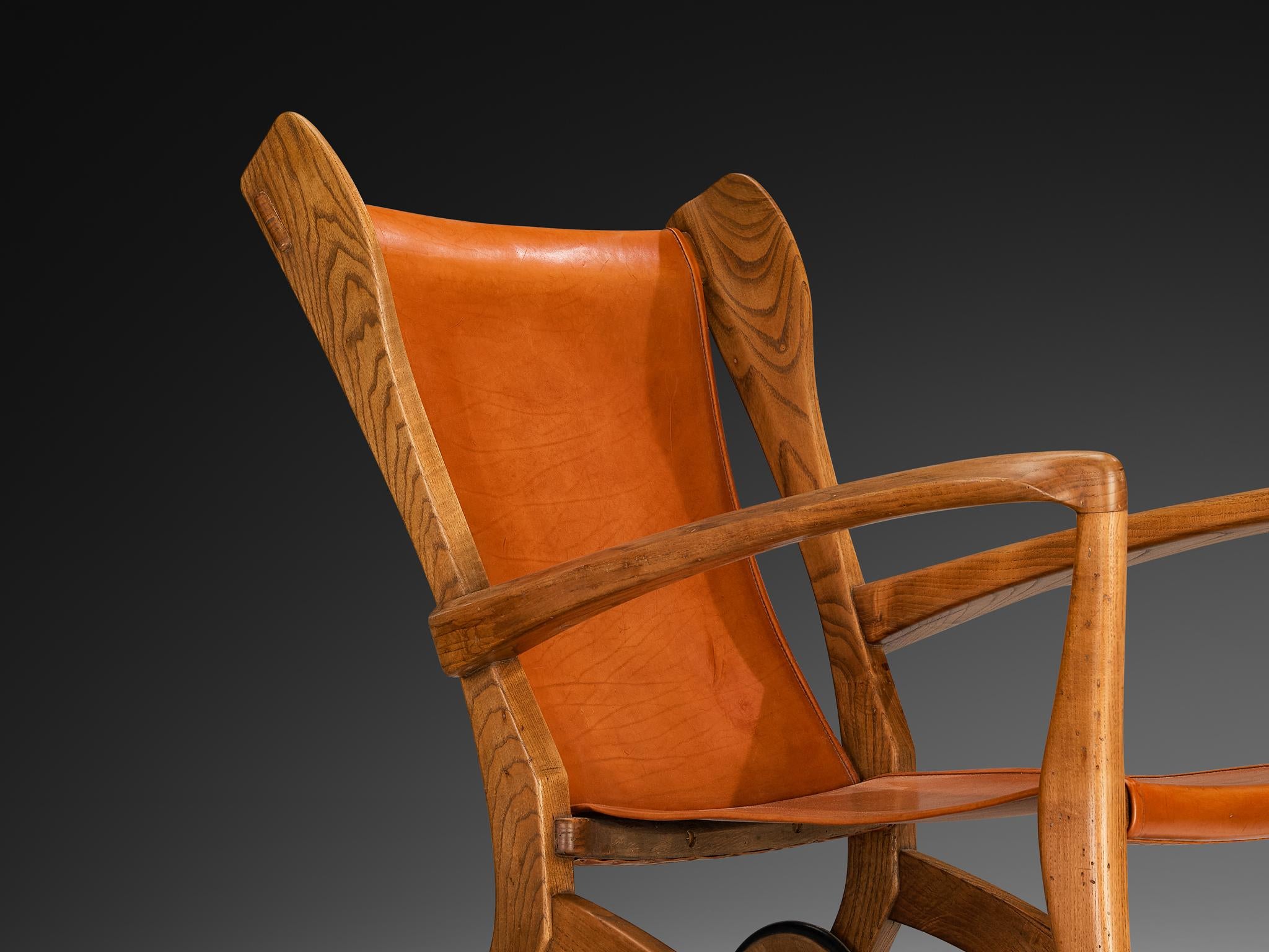 Guglielmo Pecorini Angular Lounge Chairs in Oak and Leather