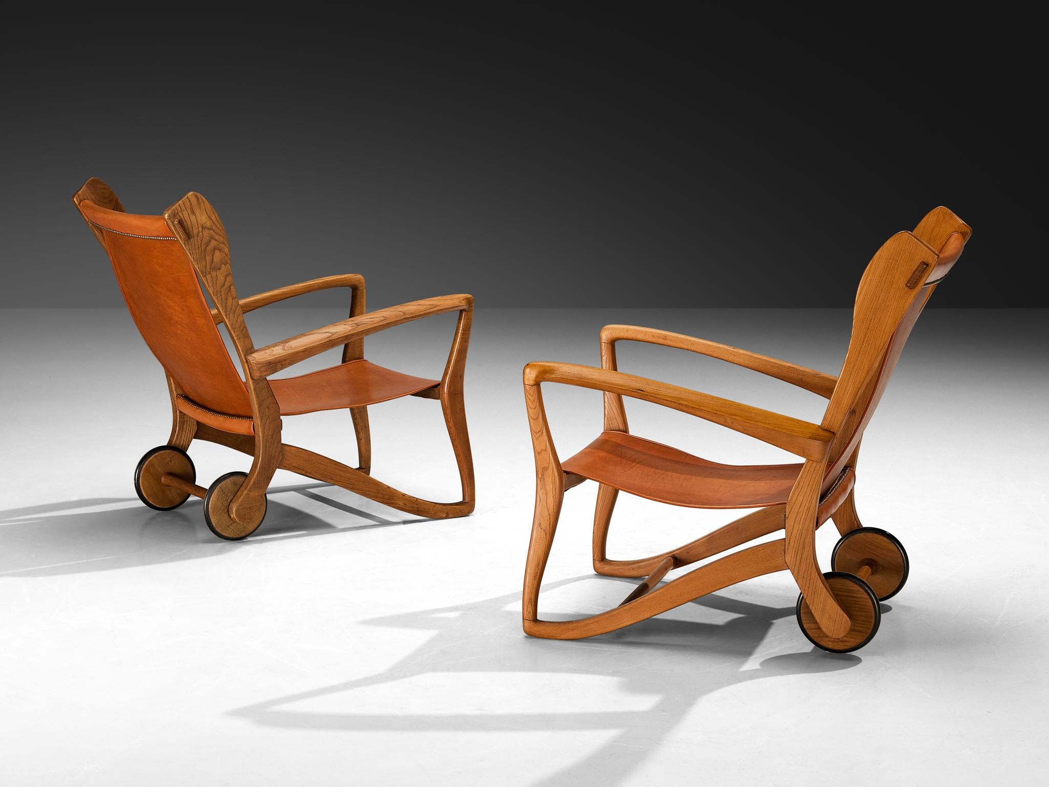 Guglielmo Pecorini Angular Lounge Chairs in Oak and Leather