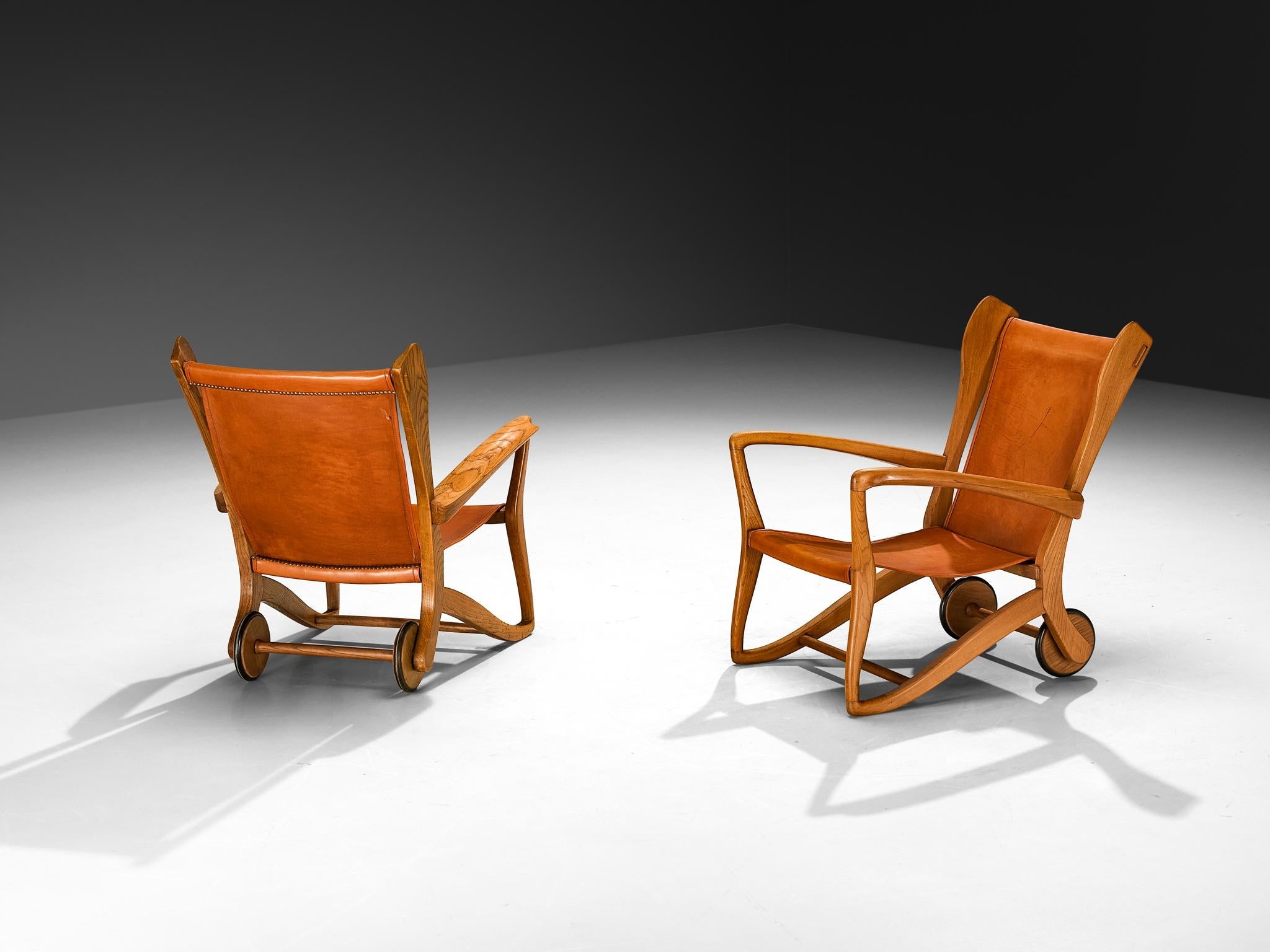 Guglielmo Pecorini Angular Lounge Chairs in Oak and Leather