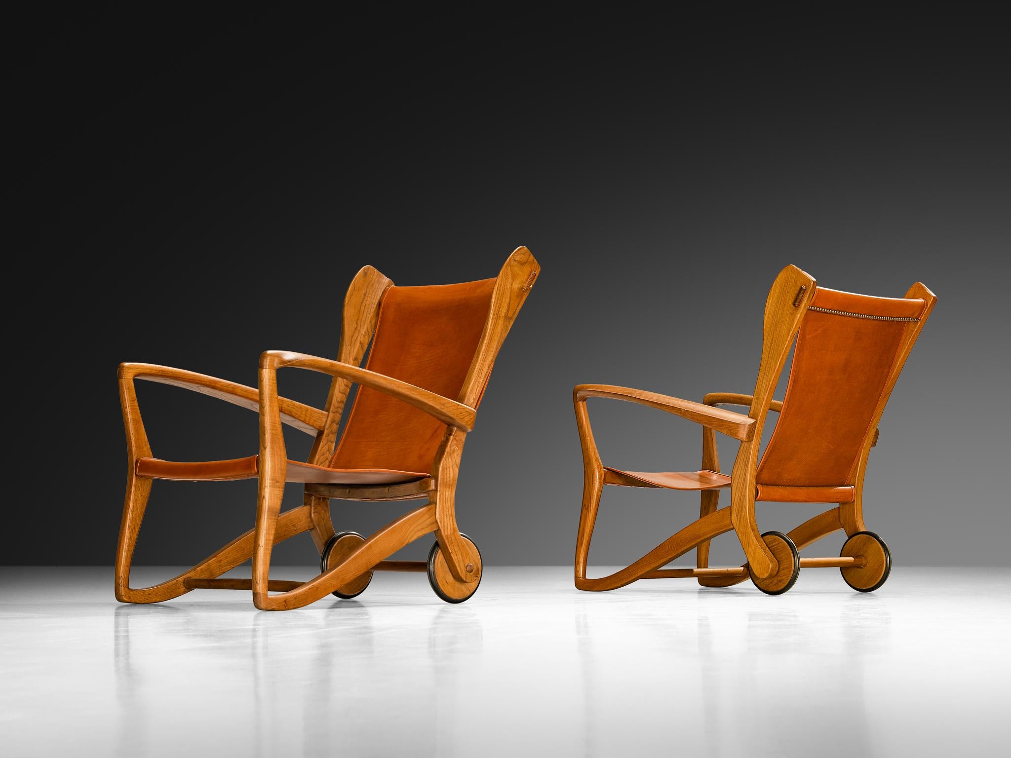 Guglielmo Pecorini Angular Lounge Chairs in Oak and Leather