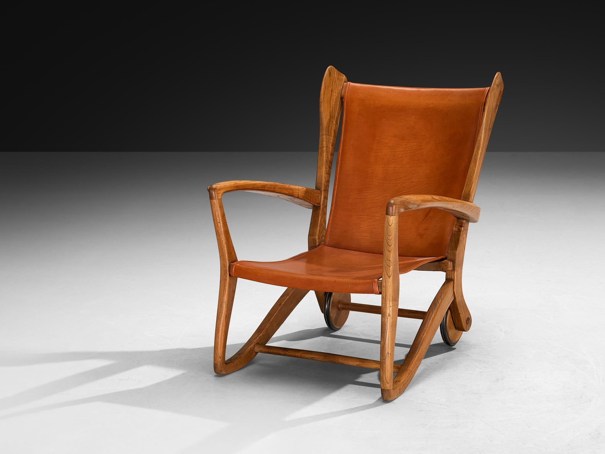 Guglielmo Pecorini Angular Lounge Chairs in Oak and Leather