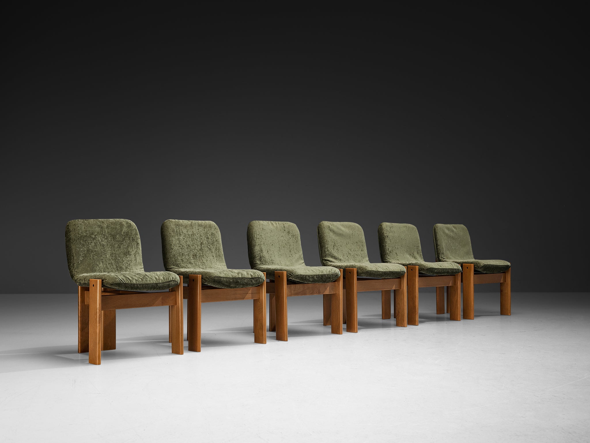 Set of Six Italian Dining Chairs in Olive Green Upholstery