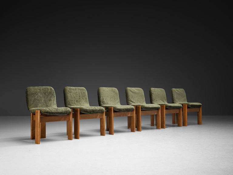 Set of Six Italian Dining Chairs in Olive Green Upholstery