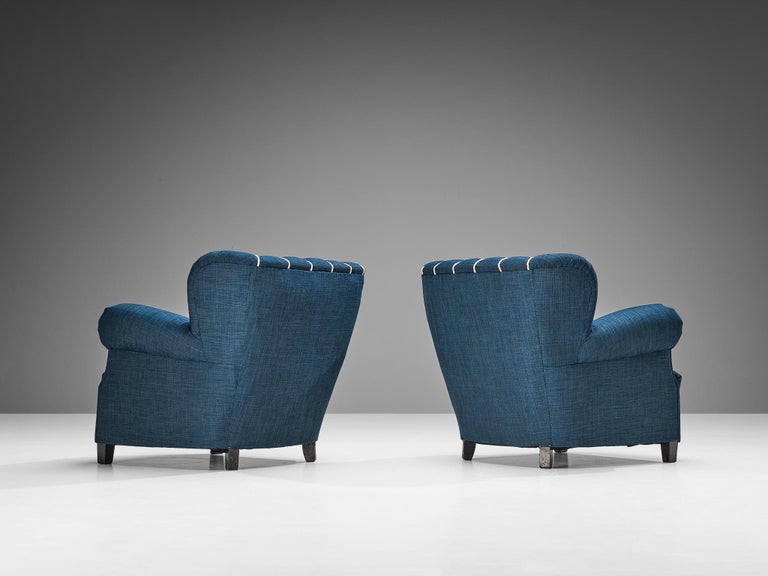 Pair of Art Deco Lounge Chairs in Blue Upholstery