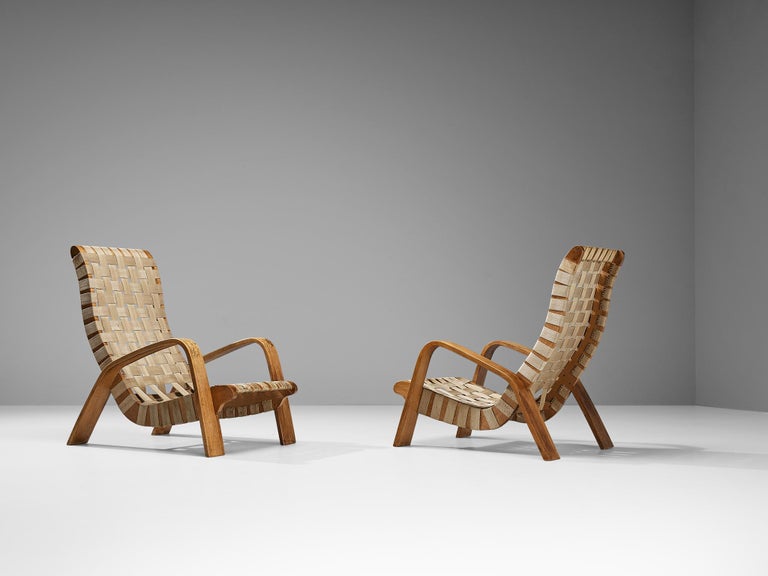 Sculptural Pair of Lounge Chairs in Blonde Wood with Canvas Webbing