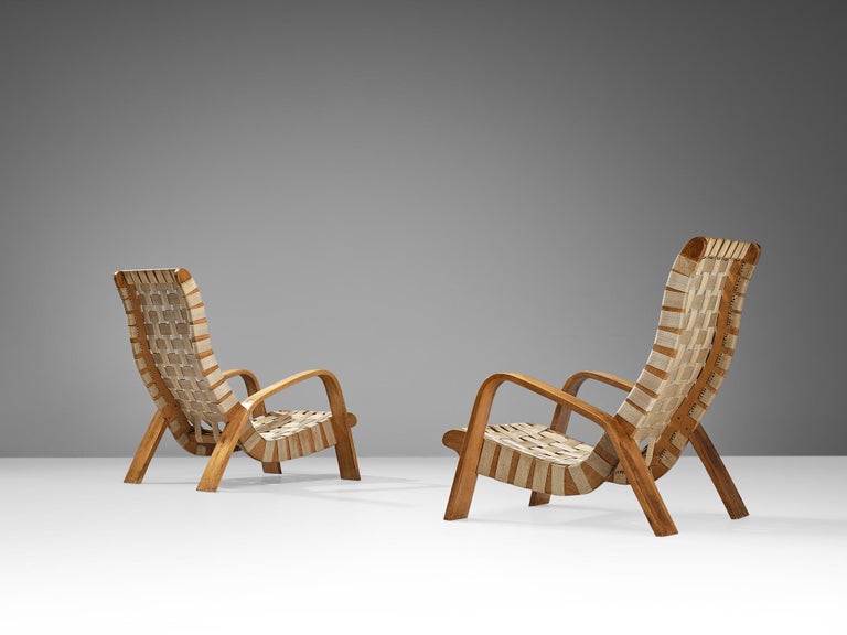 Sculptural Pair of Lounge Chairs in Blonde Wood with Canvas Webbing