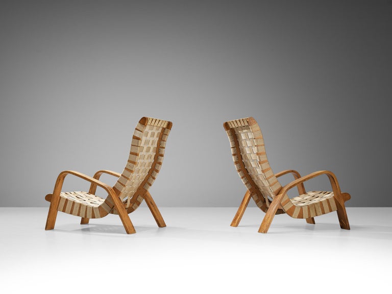 Sculptural Pair of Lounge Chairs in Blonde Wood with Canvas Webbing