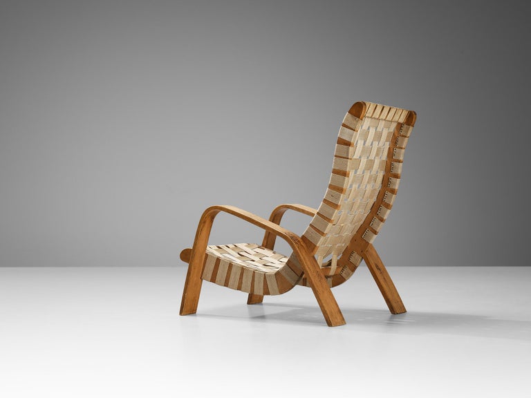 Sculptural Pair of Lounge Chairs in Blonde Wood with Canvas Webbing