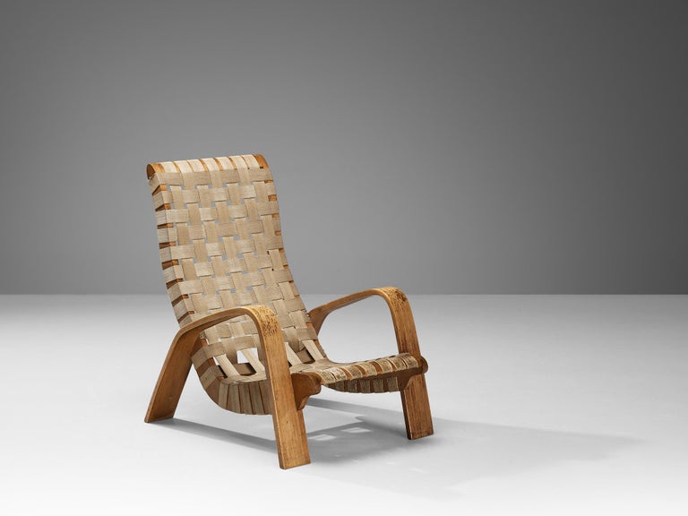 Sculptural Pair of Lounge Chairs in Blonde Wood with Canvas Webbing