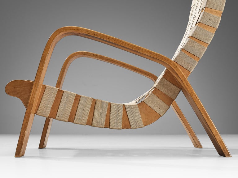 Sculptural Pair of Lounge Chairs in Blonde Wood with Canvas Webbing