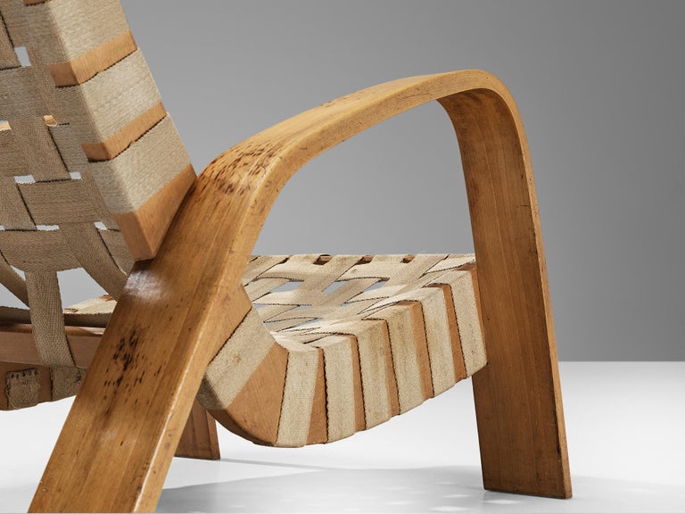 Sculptural Pair of Lounge Chairs in Blonde Wood with Canvas Webbing