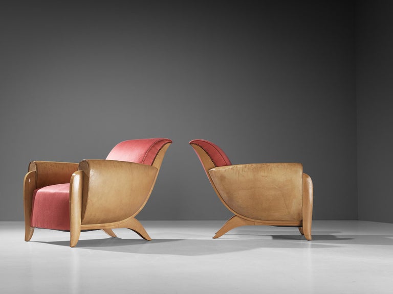 French Pair of Art Deco Lounge Chairs in Leather and Pink Silk