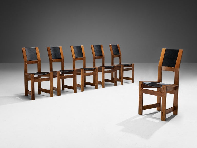 Giuseppe Rivadossi Set of Six Dining Chairs in Walnut and Black Upholstery