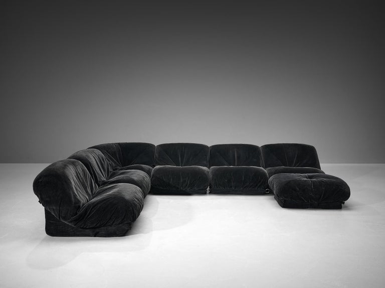 Airborne Sectional Sofa with Ottoman 'Patate' in Black Velvet Corduroy