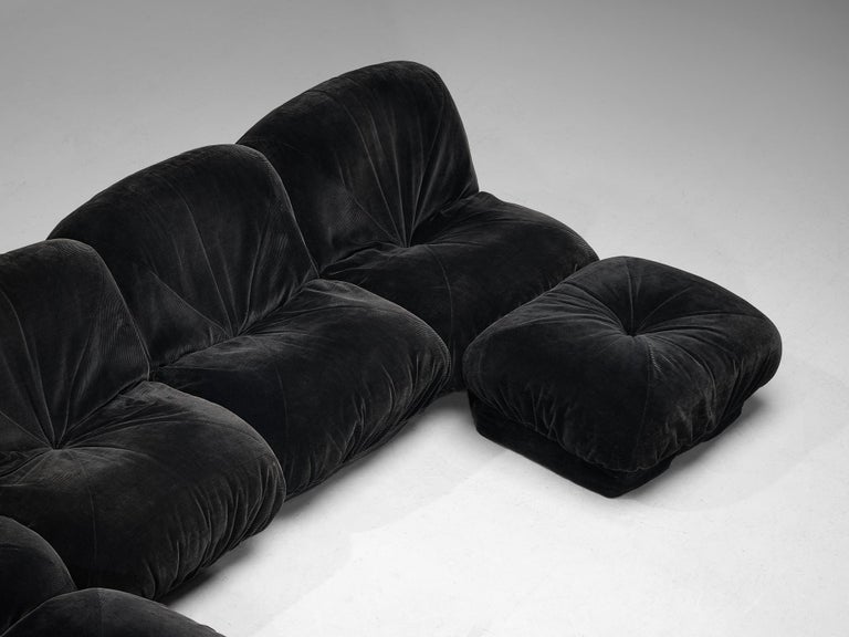 Airborne Sectional Sofa with Ottoman 'Patate' in Black Velvet Corduroy