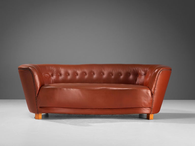 Danish Banana Sofa in Cognac Brown Faux Leather