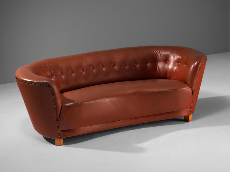 Danish Banana Sofa in Cognac Brown Faux Leather