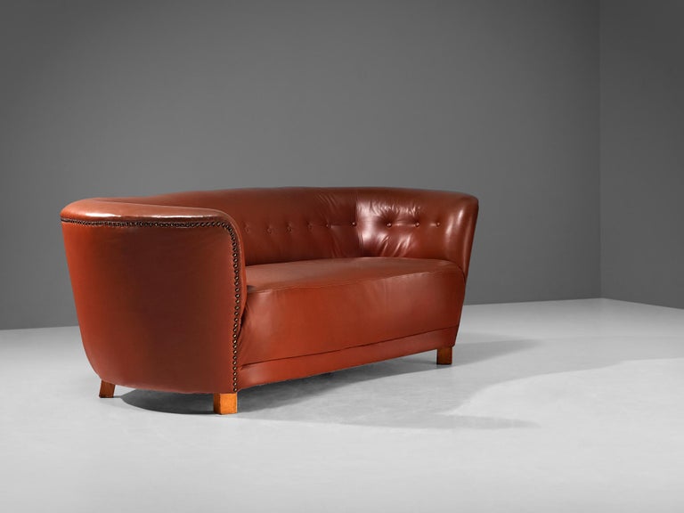 Danish Banana Sofa in Cognac Brown Faux Leather