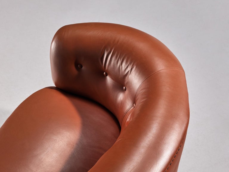 Danish Banana Sofa in Cognac Brown Faux Leather