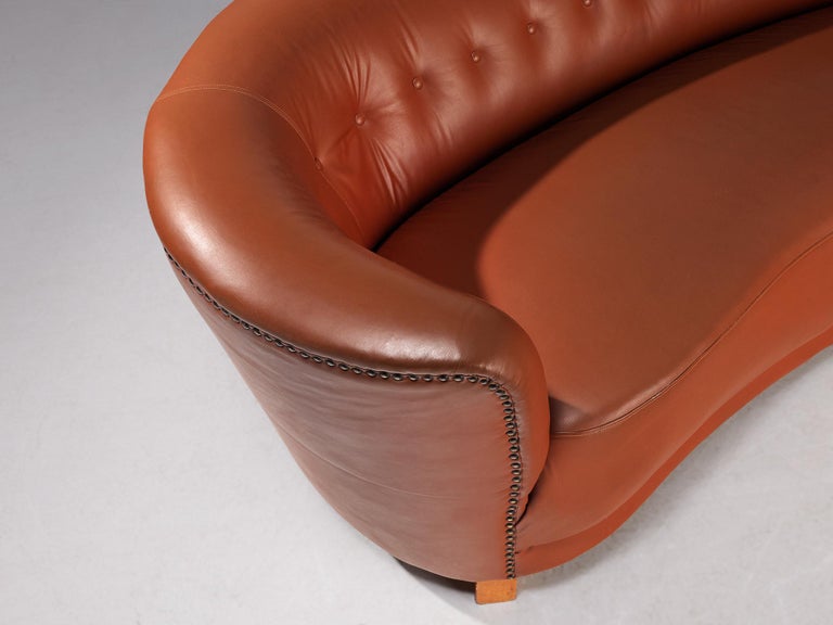 Danish Banana Sofa in Cognac Brown Faux Leather