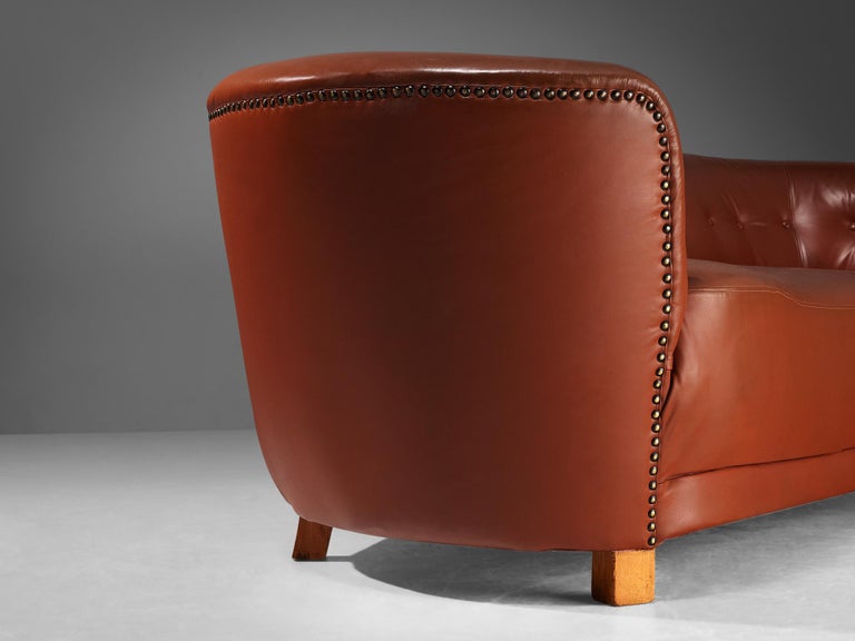 Danish Banana Sofa in Cognac Brown Faux Leather