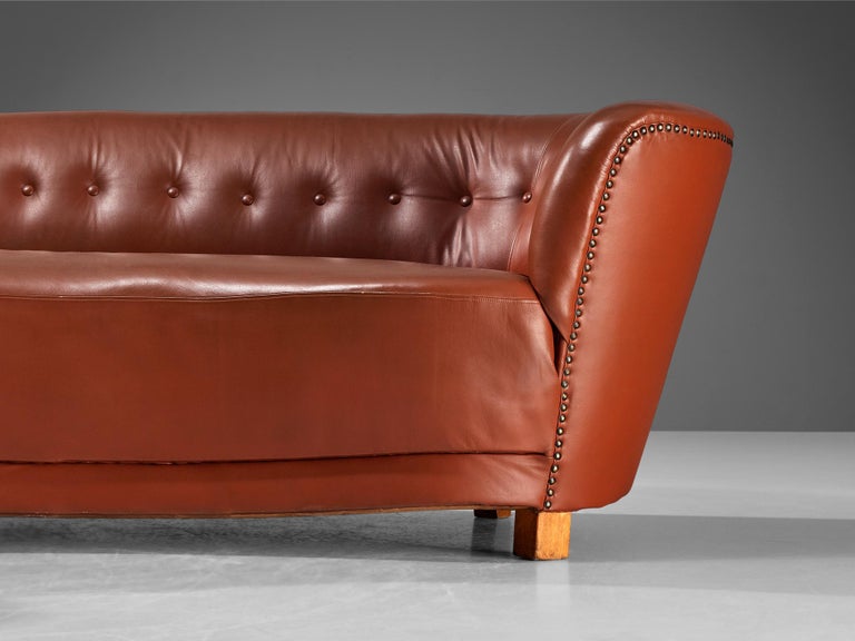 Danish Banana Sofa in Cognac Brown Faux Leather