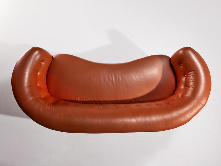 Danish Banana Sofa in Cognac Brown Faux Leather