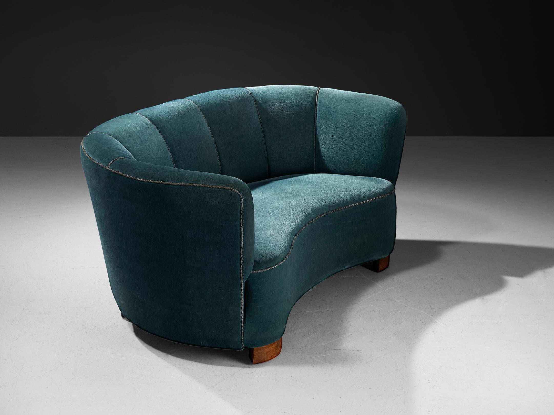 Danish Banana Sofa in Blue Velvet Upholstery