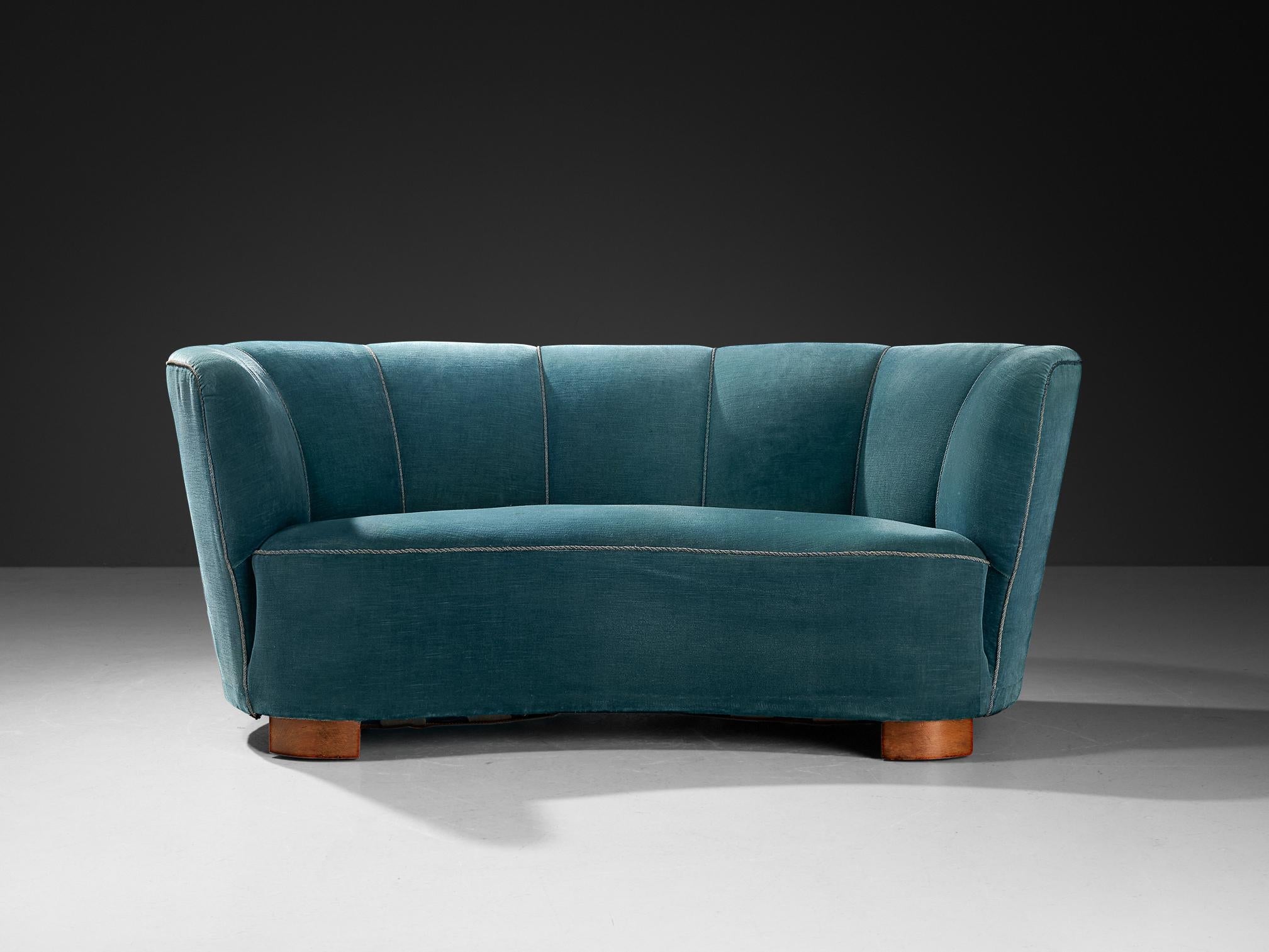 Danish Banana Sofa in Blue Velvet Upholstery