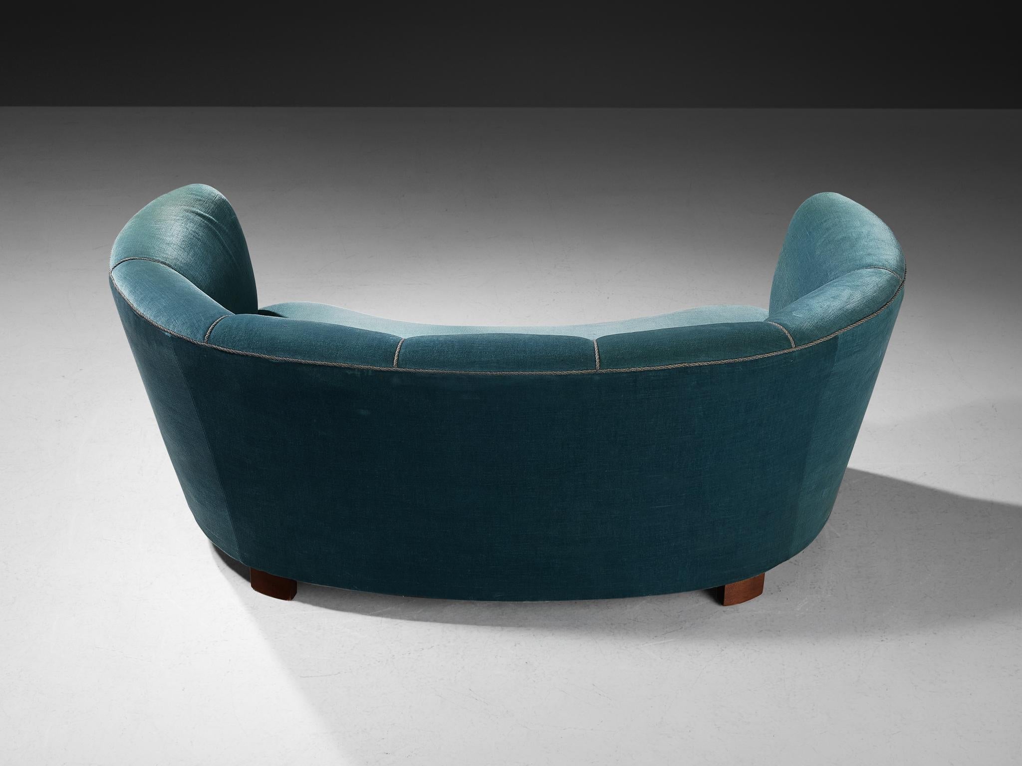 Danish Banana Sofa in Blue Velvet Upholstery