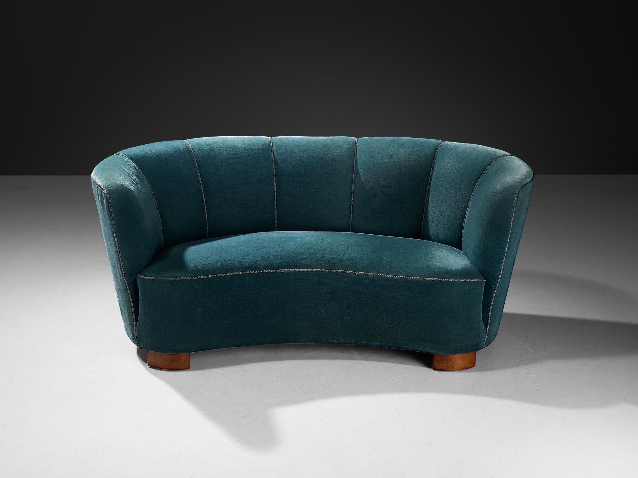 Danish Banana Sofa in Blue Velvet Upholstery