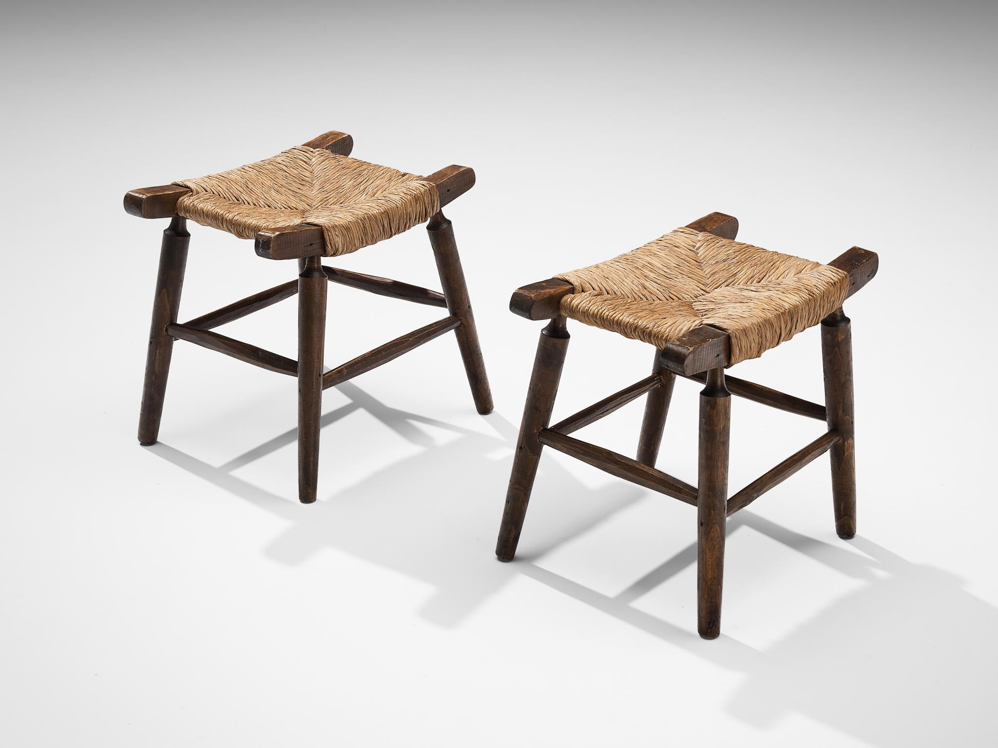 Spanish Rustic Stools in Stained Wood and Straw