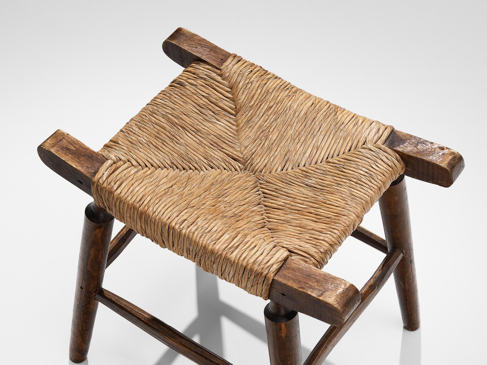 Spanish Rustic Stools in Stained Wood and Straw