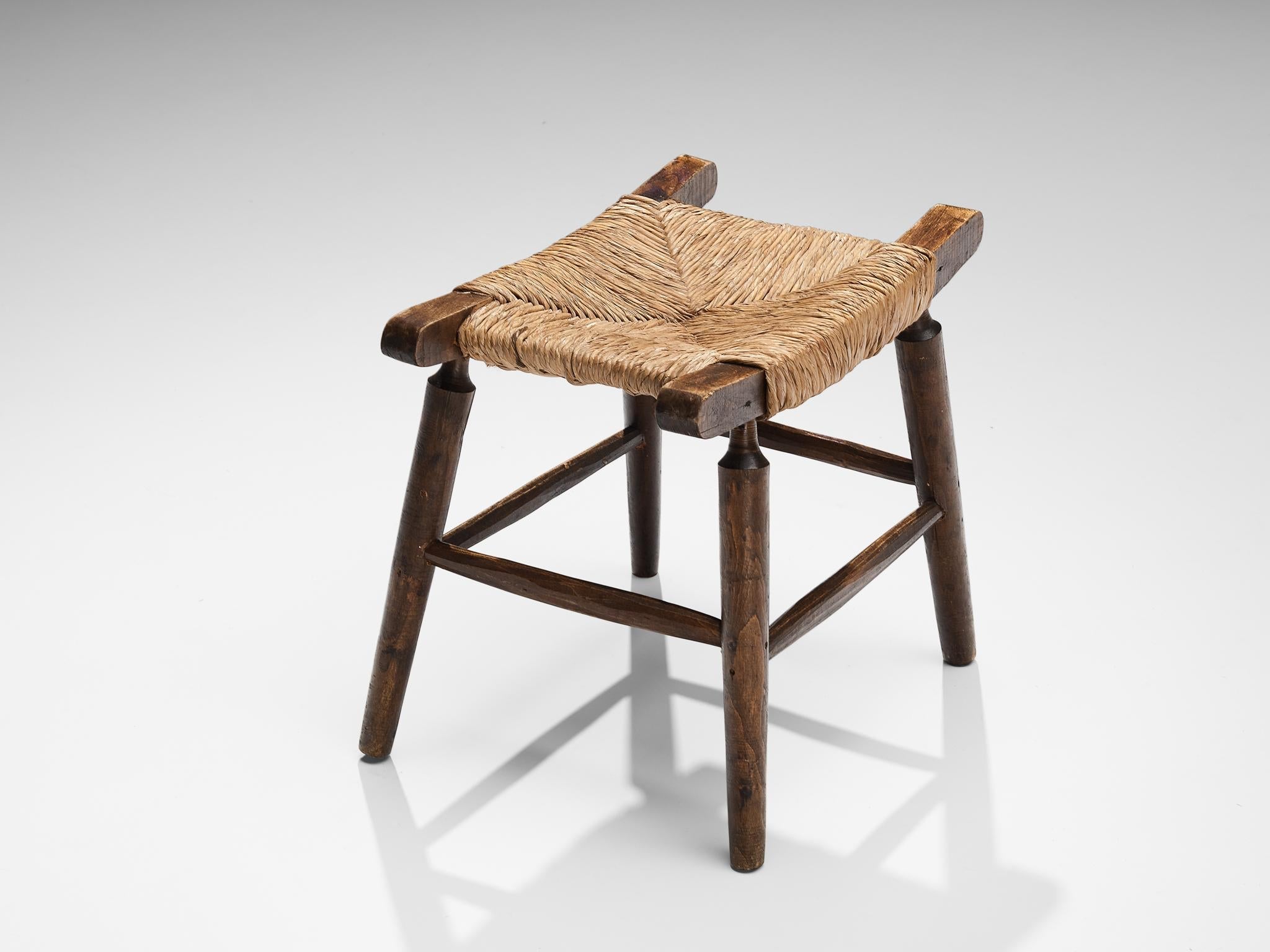 Spanish Rustic Stools in Stained Wood and Straw